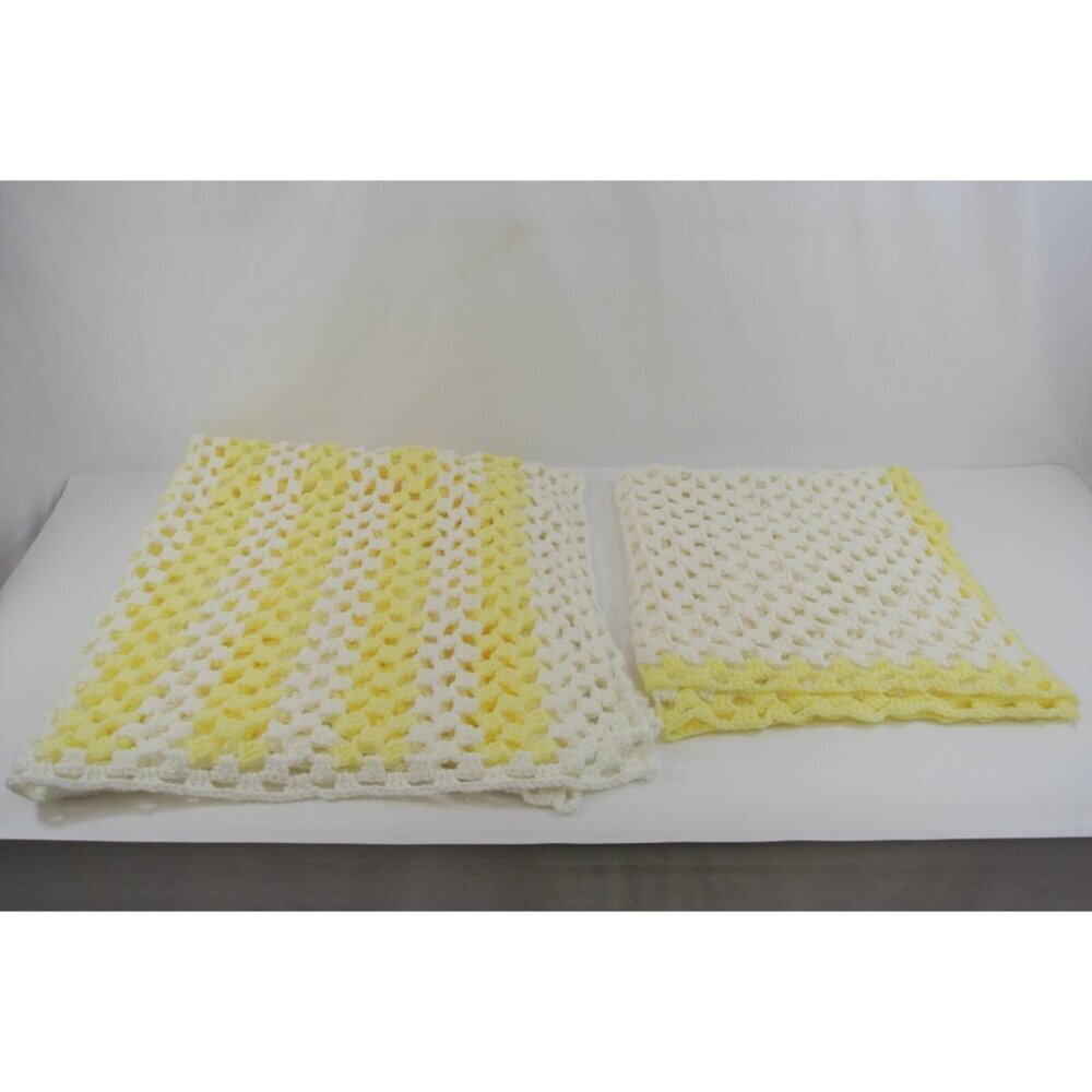 Knitted Baby Blanket Lot of 2 Handmade Crochet White & Yellow 32 x 28 & 43 x 34"